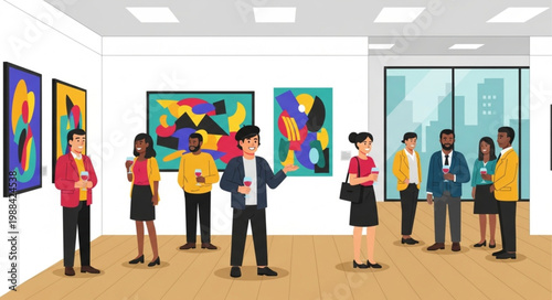 People admiring modern art paintings in a bright art gallery exhibition.