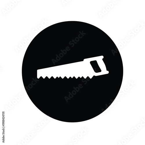 Black circular background with a white vector of a hand saw