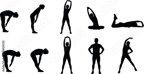 Set of black silhouette illustrations depicting people performing various stretching exercises for fitness, flexibility training, and healthy active lifestyle routines.
