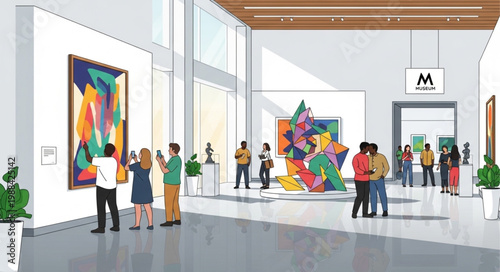 People admiring modern art paintings in a bright contemporary art gallery exhibition hall.