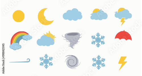 Cute weather icon set vector sun moon clouds rain rainbow and storm symbols isolated on white background
