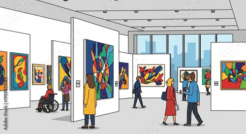 People admiring modern art paintings in a bright contemporary art gallery exhibition hall.