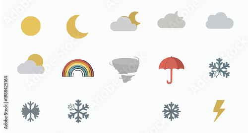 Minimal weather icons vector set sun moon cloud rain rainbow and climate symbols isolated on white