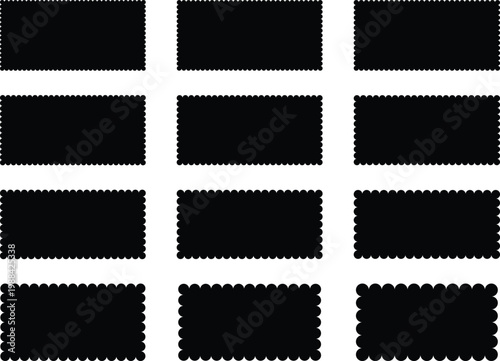 Set of black wavy edge frames. Rectangle shape frame with zigzag edge. Rectangular zigzag curved box. Decorative banners and labels set on white background. Vector illustration.