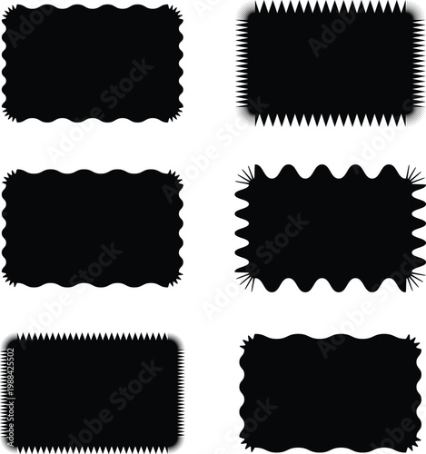 Collection of rectangles with jagged edges. A set of uneven zigzag rectangular shapes. Black color. Isolated elements for design of text box, button, badge, banner, tag, sticker, badge. Vector illustr