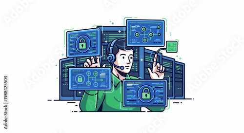 A man in a headset operates servers, interacting with data displays showing locks and networks