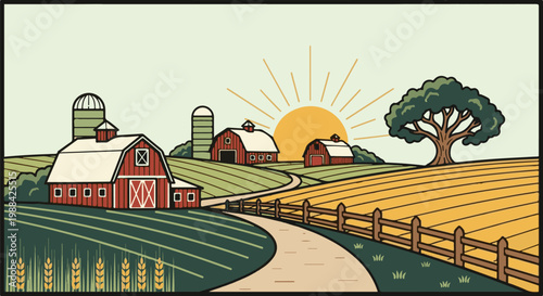 Rustic farm at sunrise with barns, silos, fields, and a large oak tree