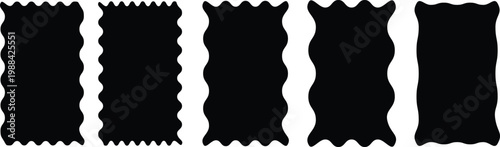 Collection of jagged rectangles. A set of uneven zigzag rectangular shapes. Black color. Isolated elements for design of text box, button, badge, banner, tag, sticker, badge. Vector illustration.