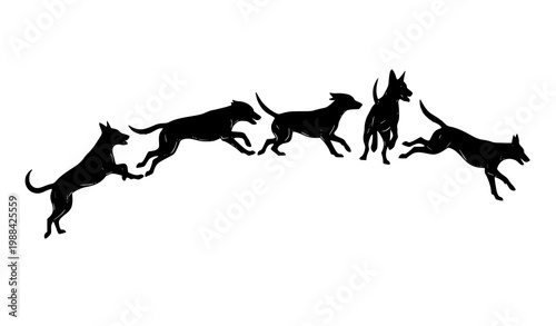 Modern dog running sequence silhouettes with jumping action black vector set