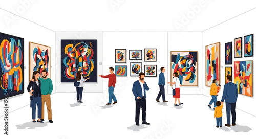 People admiring modern art paintings in a bright gallery exhibition hall.