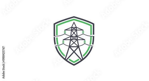 Shielded Power Grid Logo Depicting Transmission Tower, Energetic and Protected Concept