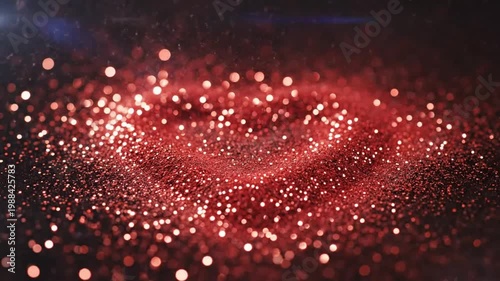 Red glitter falling and forming a sparkling pile on a dark surface, abstract background.