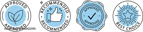 Set of Quality Guarantee Seal Icons Featuring Approved Recommended and Best Choice Labels with Thumbs Up Check Mark Star and Leaves Symbols for Product Branding Graphic Designs