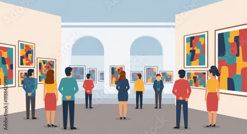 People admiring modern art paintings in a bright museum gallery.