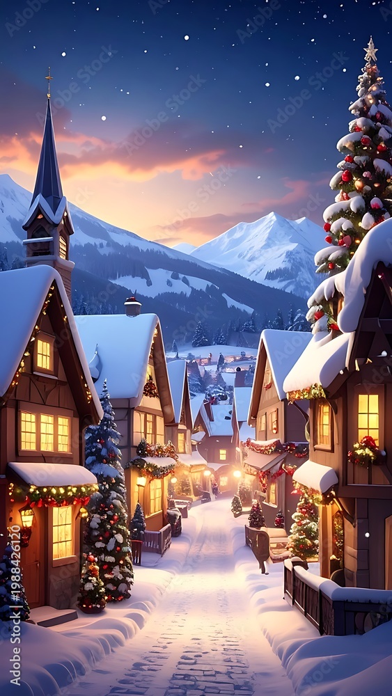 Fototapeta premium A serene snowy village at dusk with warmly lit houses