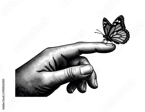 A human hand with a butterfly resting gently on the fingertip, wings slightly open, rendered in high contrast