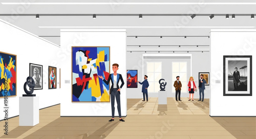 People admiring modern art paintings in a brightly lit museum gallery exhibition.