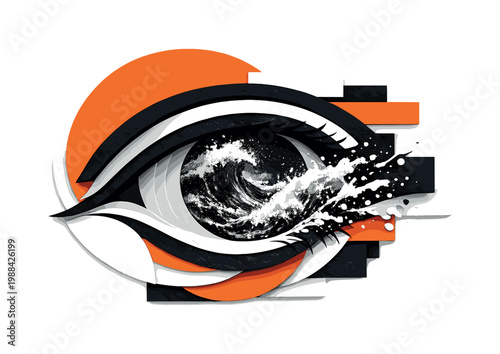 Monochrome eye with crashing ocean waves replacing the iris, water splashes merging with abstract semicircles
