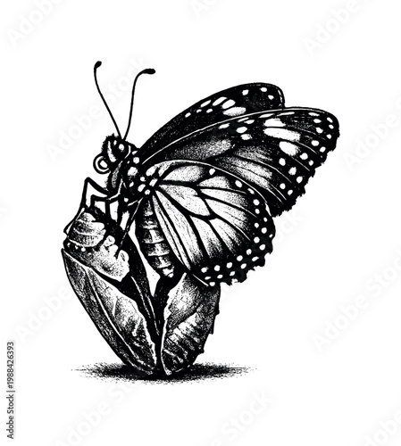 A butterfly emerging from a split chrysalis with partially opened wings, depicted as a symbolic moment,