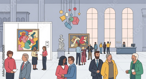 People admiring modern art paintings in a spacious museum gallery exhibition hall.