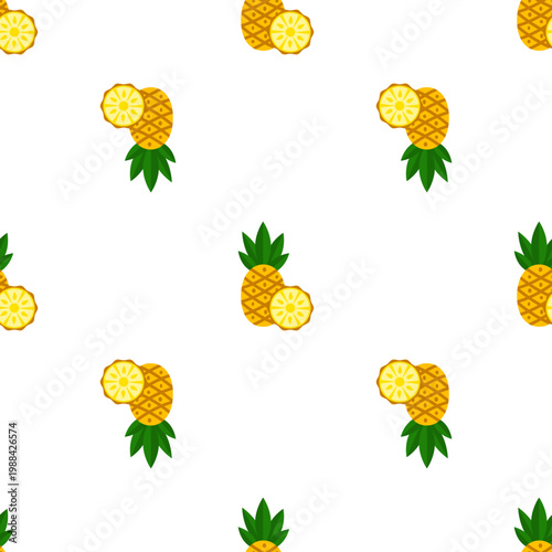 Seamless pattern of pineapples and pineapple slices with green leaves isolated on a transparent background