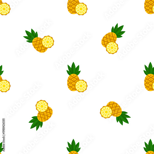 Seamless pattern of whole and sliced pineapples with green leaves on a transparent background