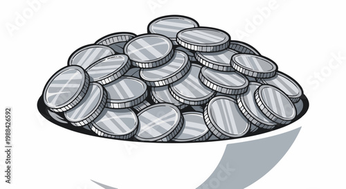 A large pile of silver coins spilling out of a bowl