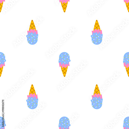 Seamless pattern of ice cream cones with blue scoops and sprinkles isolated on a transparent background