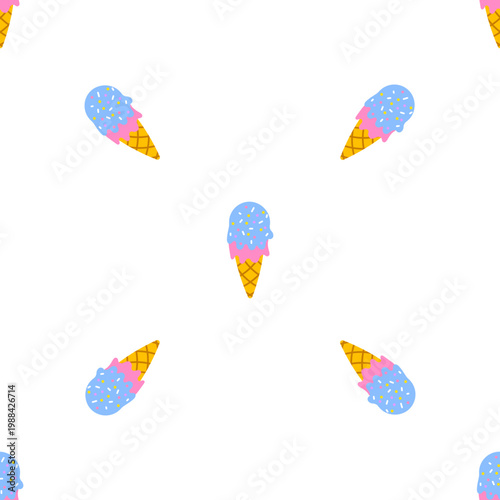 Seamless pattern of ice cream cones with blue and pink scoops and sprinkles on transparent background