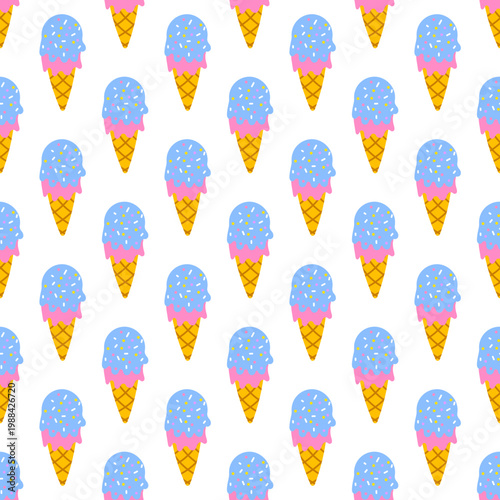 Seamless pattern of colorful ice cream cones with sprinkles isolated on a transparent background
