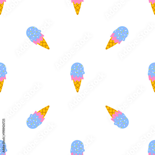 Seamless pattern of colorful ice cream cones with sprinkles on a transparent background