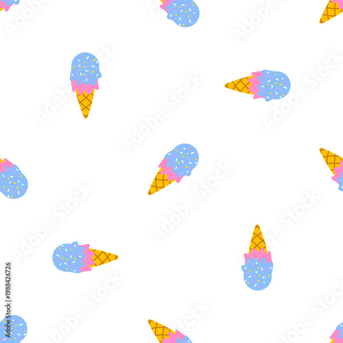 Pattern of colorful ice cream cones with sprinkles on a transparent background