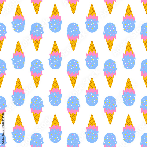 Pattern of blue ice cream cones with pink tops and yellow waffle cones on transparent background