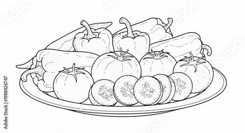A line drawing of a platter filled with assorted vegetables, including peppers, tomatoes, and cucumbers
