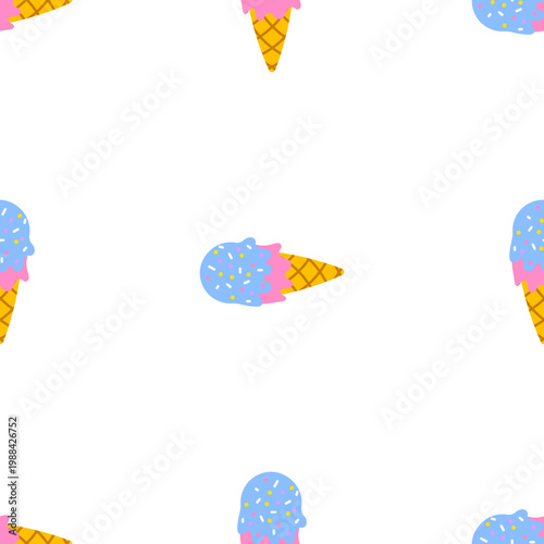 Seamless pattern of ice cream cones with blue and pink scoops isolated on transparent background