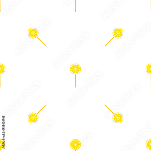 Seamless pattern of yellow round lollipops with sticks on a transparent background