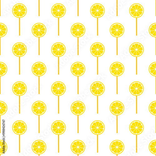 Seamless pattern of yellow lemon slice lollipops isolated on a transparent background