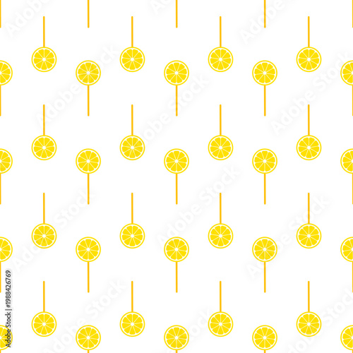 Seamless pattern of yellow lemon slices on sticks isolated on transparent background