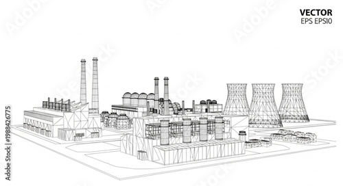 Industrial Power Plant Vector Illustration Line Art.