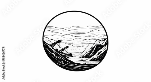 A stark monochrome illustration depicts a mountainous ravine with cranes working near water