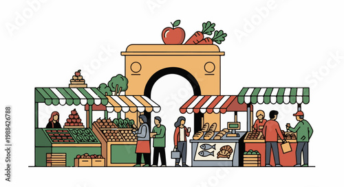 Outdoor market scene with vendors selling produce, bread, and fish under an arch