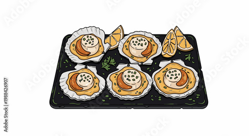Six baked scallops in shells with lemon wedges and parsley garnish