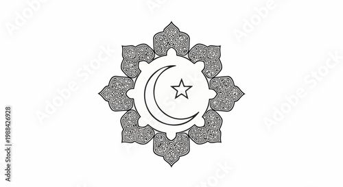 Ornate Islamic crescent moon and star emblem with intricate floral border design