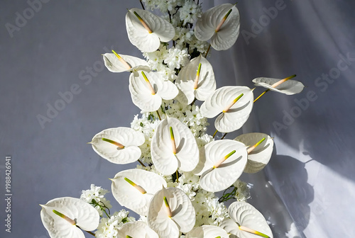 A white anthurium and jasmine bouquet is displayed against a muted gray background.
