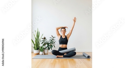 Woman practicing yoga in bright room, peaceful meditation pose