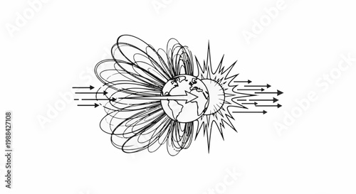Illustration of Earth's magnetic field interacting with incoming solar wind