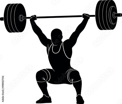 Black silhouette vector illustration of strong male athlete lifting heavy barbell overhead during intense powerlifting fitness workout gym training session