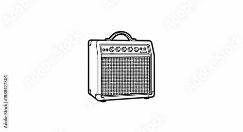 Small, portable amplifier with knobs and speaker grille, set against white