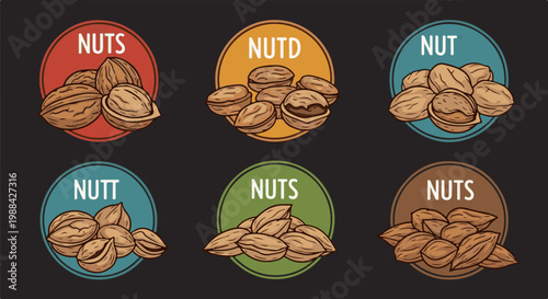 Six circular badges, each featuring a different pile of illustrated nuts