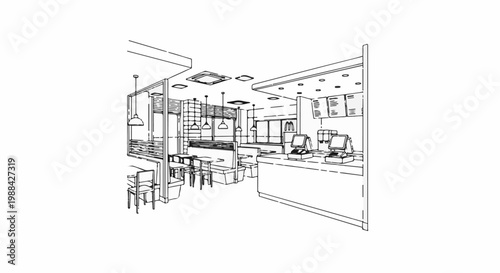 Sketch of a casual dining restaurant interior with booths and counters
